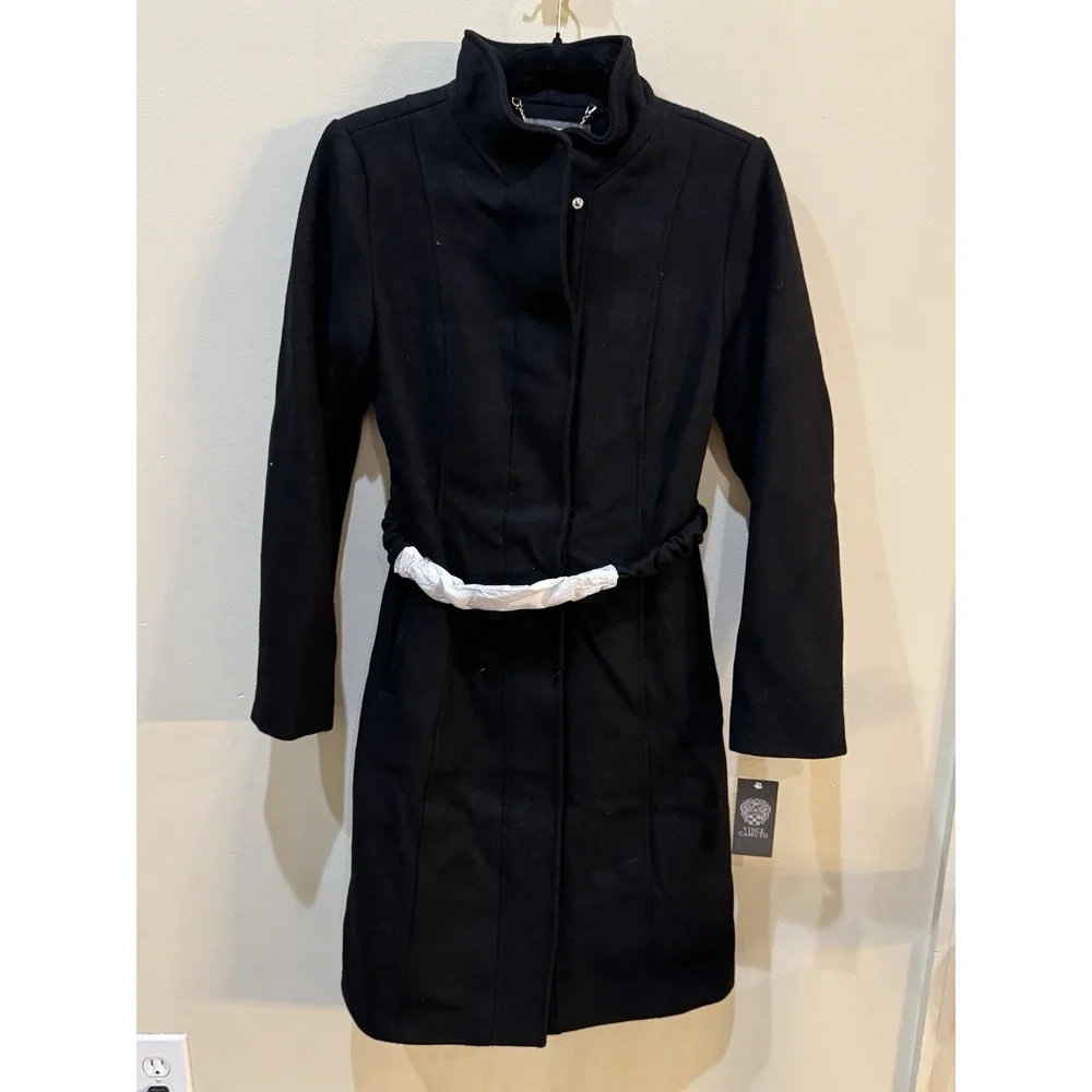 Vince Camuto Womens Chain-Belt Walker Coat Wool Blend Black Size Petite XS